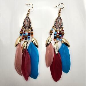 Aztec Horizon Multicolor Boho Feather Beaded Dangle Earrings